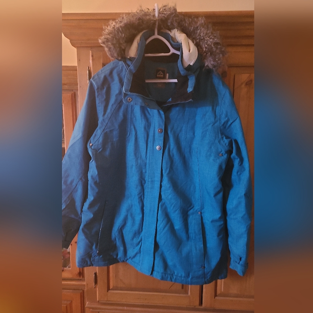 Teal Color Winter Jacket with Fur Trim
